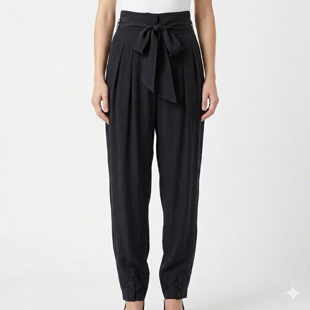 ASOS Silk Trousers Womens 10 Black Pleated Tie Waist Button‎ Hem Minimalist Luxe